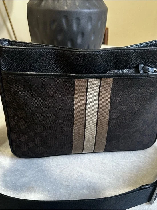 Coach Black Signature Messenger Bag with Brown Center Stripes - Picture 2 of 8